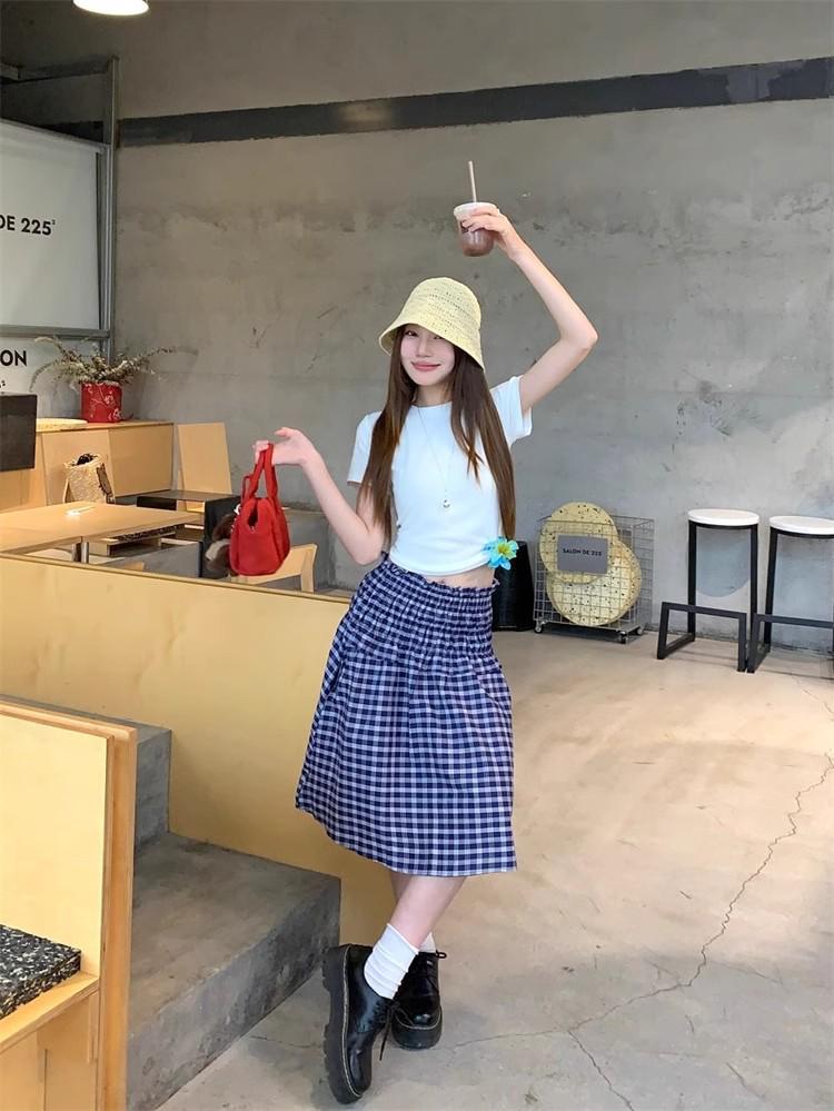 Korean Retro Checkered Bandeau Tank Dress A-Line Midi Skirt for Summer