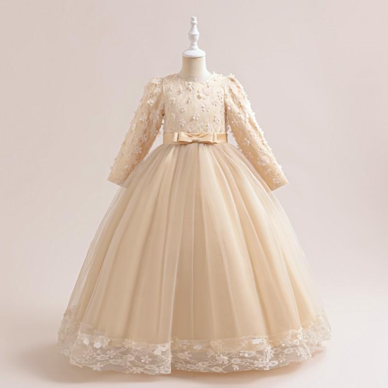 Girl Long Sleeve Dress Princess Party Gown Flower Performance