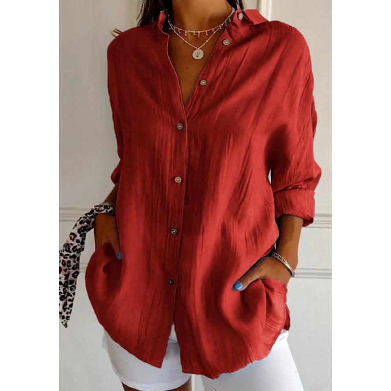 2026 New Single-Breasted Pleated Collar Shirt for Women in Solid Color