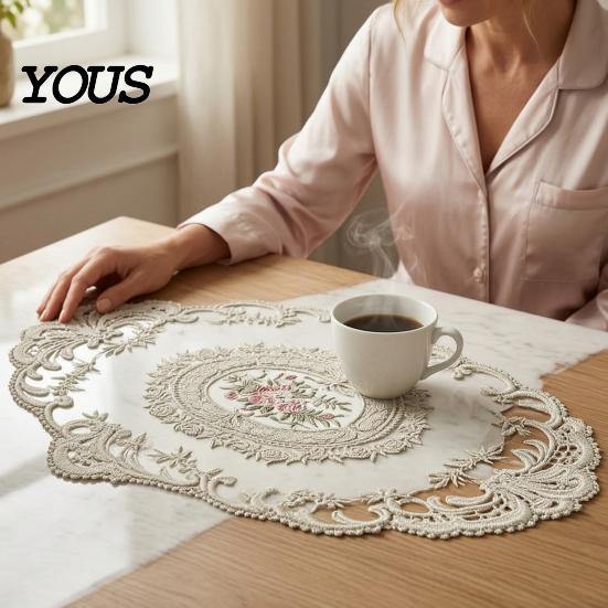 Soft Macaron Color Tableware Retro Oval Lace Doily, Embroidered Rose Placemat, Elegant Floral Table Washable Linens Mat, Decorative Doilies for Dining