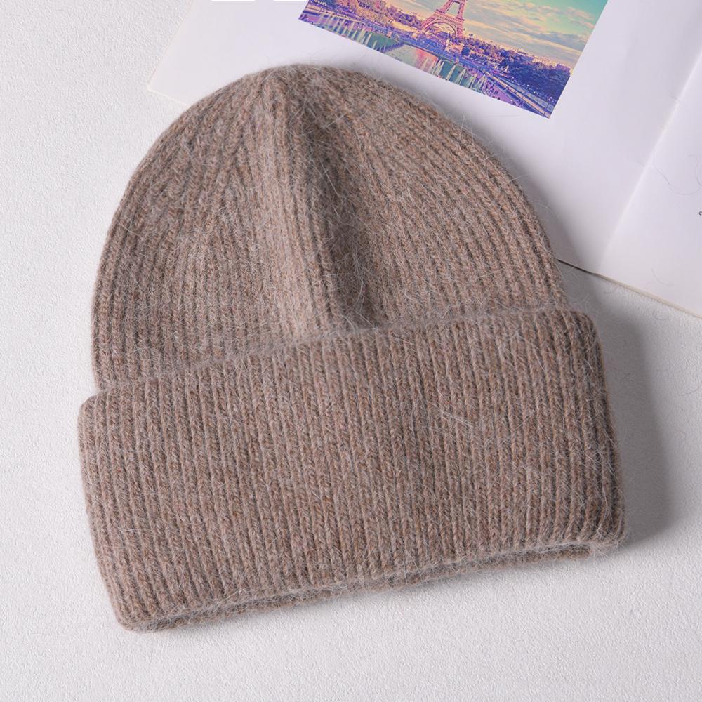 Winter Angora Wool Knitted Striped Beanie Soft Warm Fluffy Beach Women One Size With Stretch коричневый