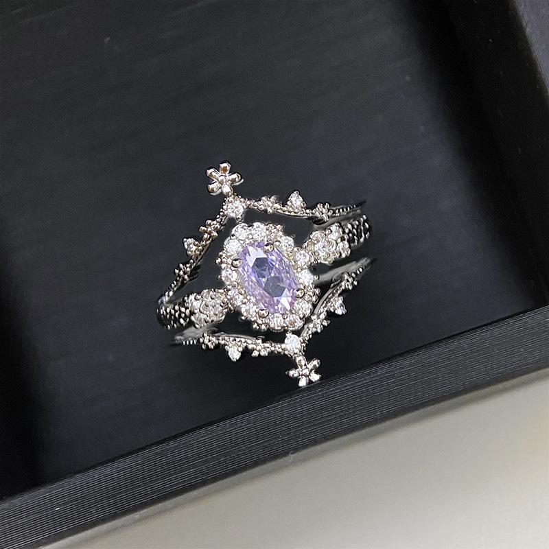 

2026 Three Stacked Atmosphere Oval Light Purple Diamond Ring, Gold-plated Crown Flower Fine Index Finger Ring for Women Resizable