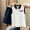 Girls' Trendy Patchwork Polo Vest Set - Sleeveless Top for Medium & Large Kids, New Summer Arrival