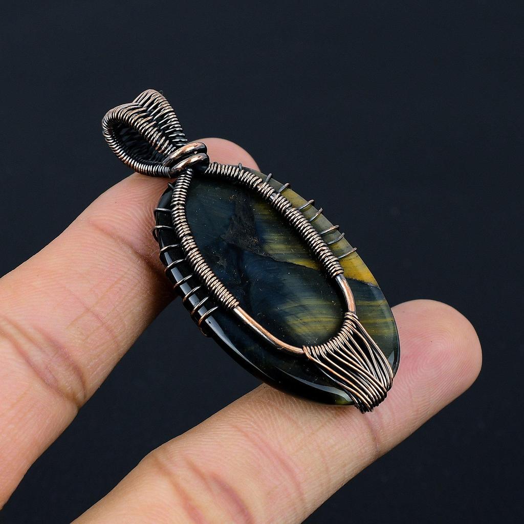 Blue Tiger Eye Pendant, 999 Copper Wire Wrapped Pendant Jewelry. Gift For Women Handmade Pendant Gemstone Jewelry