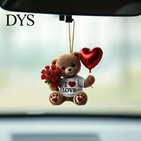 Acryl-Rosen-Dekoration Teddybär Hängendes Ornament, Hält Herzballon Rotes Blumenstrauß-Dekoration, Romantischer Anhänger Auto-Rückspiegel 2D Flach