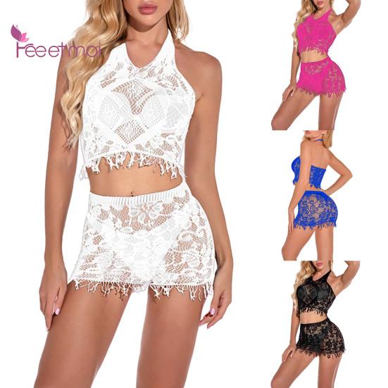 Ropa interior sexy ceñida para mujer, moda de Color sólido, ropa de dormir de malla de encaje, falda de cadera ahuecada