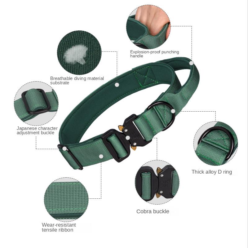 Coleira tática para cães, ajustável, treinamento militar, coleira de nylon para cães com alça de controle e fivela de metal pesado para médio e grande porte