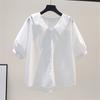Small Fresh Blue Striped Doll Collar Shirt Women's Loose and Thin Cotton Shirt 1116 Summer Fashion Medium-sleeved Top