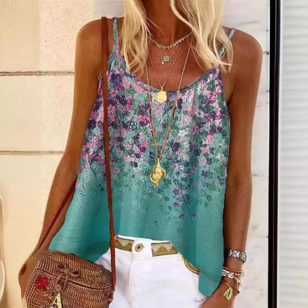 Damenmode Blumendruck Spaghetti Cami Top Lässig Ärmellos Rundhalsausschnitt Sommer Tops