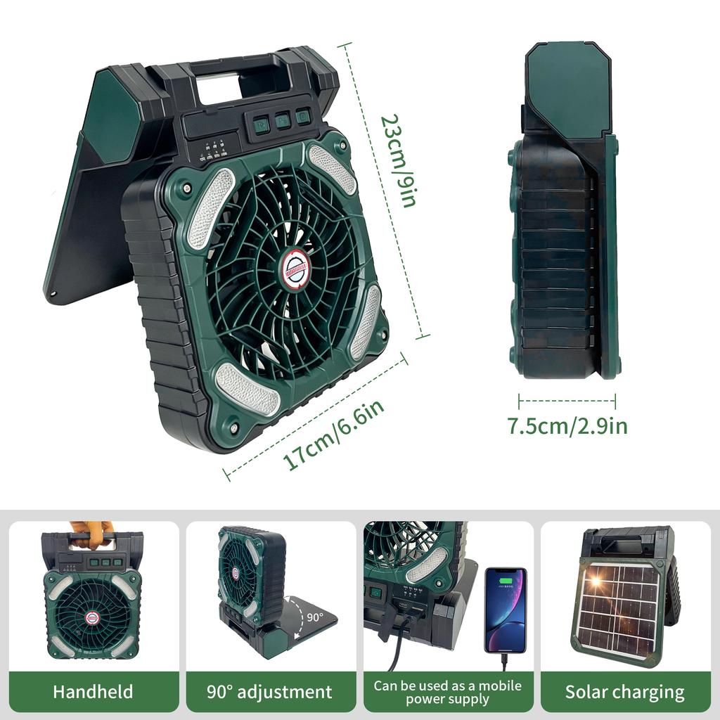 Solar Fan Light Portable Camping LED with 4 Speed Fan, Emergency Power Bank for Home Outdoor Fishing Blackout