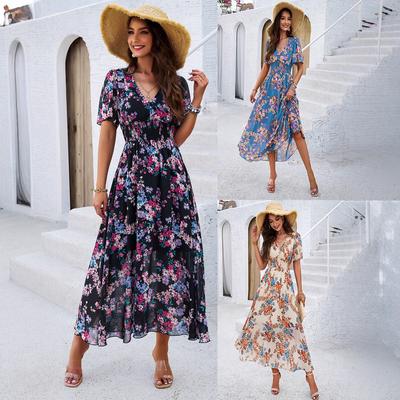 Women's Skirt Temperament Printed Waist Short-sleeved Chiffon Dress