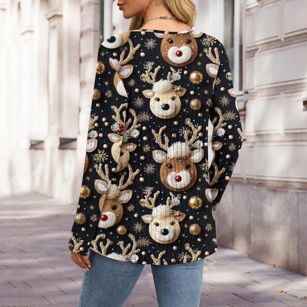Women's Fashion V-Neck Button-Up T-Shirt With Christmas Print Long-Sleeved Top
