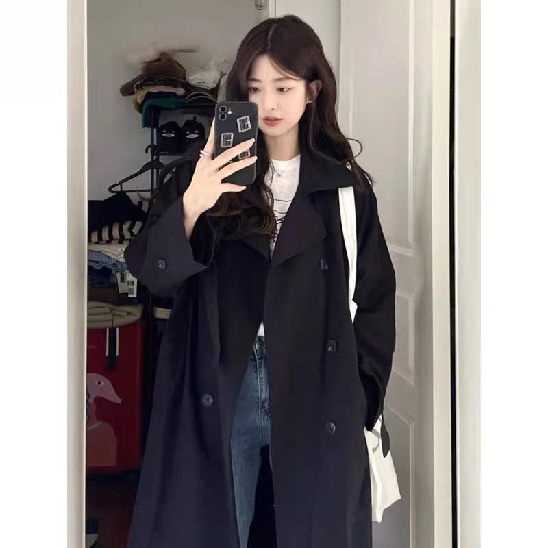 Women's Black Trench Coat: 2024 New Petite Mid-Length British Style for Autumn and Winter