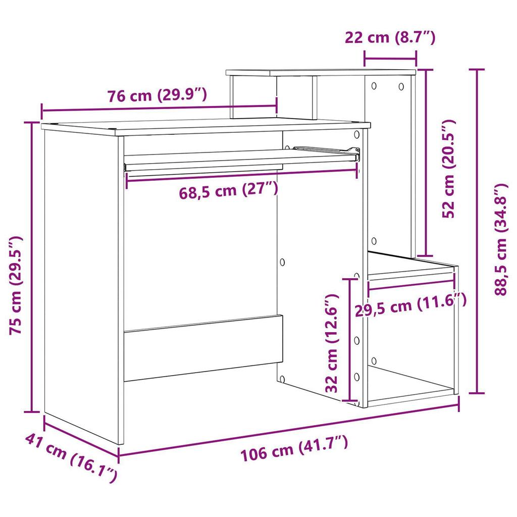 Computer desk with storage shelves, multifunctional bedroom vanity, computer desk for living room and study, 106 x 41 x 88.5 cm