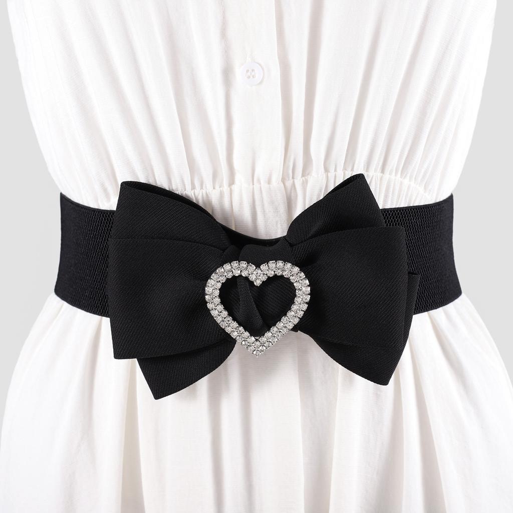 Love-Shaped Rhinestone Inlaid Bow Wide Belt With Skirt Sweet Black Wide Elastic Elastic Waist Seal Female