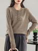 2024 Autumn/Winter Women's Wool Half-Zip Round Neck Jacquard Knit Hollow Loose Sweater