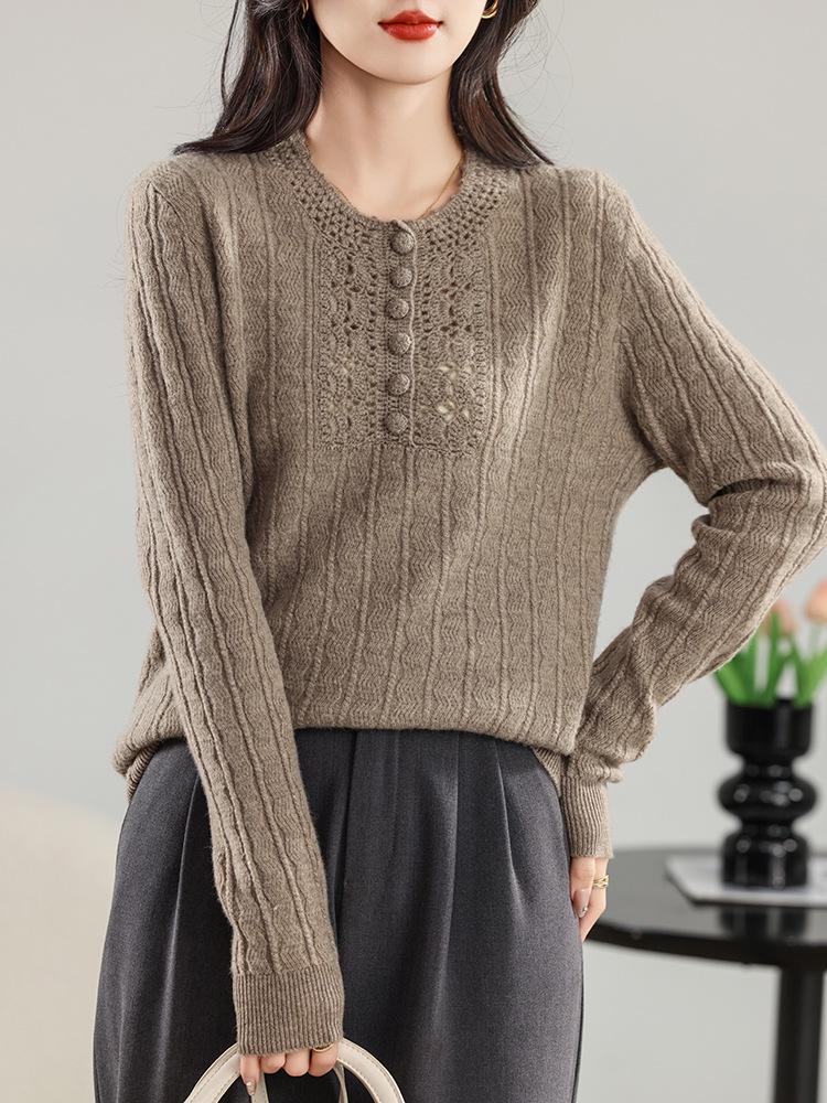 2024 Autumn/Winter Women's Wool Half-Zip Round Neck Jacquard Knit Hollow Loose Sweater