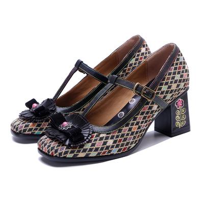 Plaid Mixed Colors Print Retro High Heels Floral Pumps Fashion Mary Jane Women's Shoes