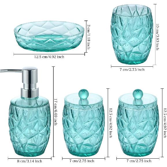 Teal Blue Bathroom Accessories Set 5pcs - Lotion Soap Dispenser, Toothbrush Holder, 2 Qtip Holder, Soap Dish, Bathroom Accessory Set, Modern Bathroom