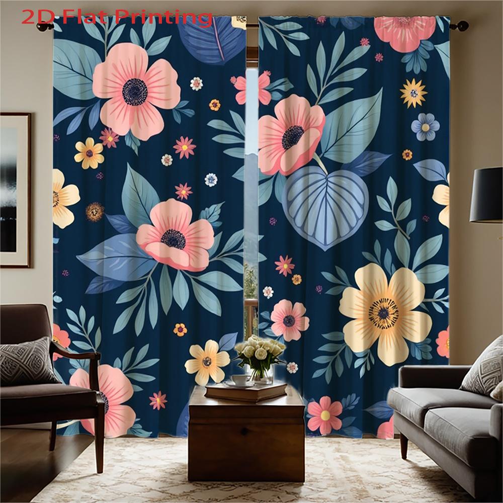 2D Flat   2pcs   2D Flat Printing Floral Print Curtains with Dark Blue Background Pink Yellow Flowers and Green Leaves - Velvet Fa