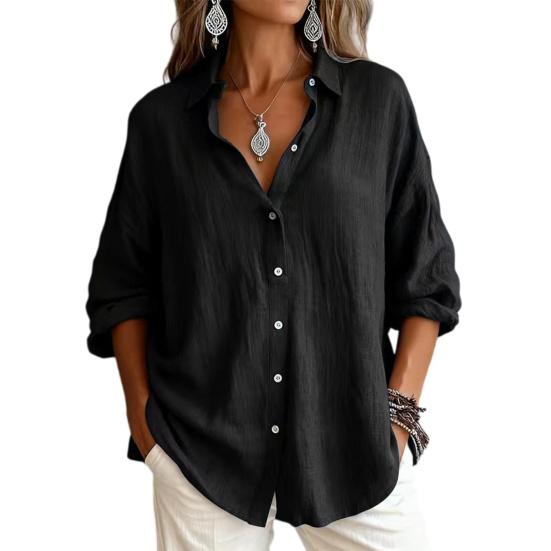 

Women Shirt Soft Fabric Loose Fit Roll-Up Cuffs Shirt Tops Lapel Buttons Down Mid-length Shirt Spring Summer Casual S чорний