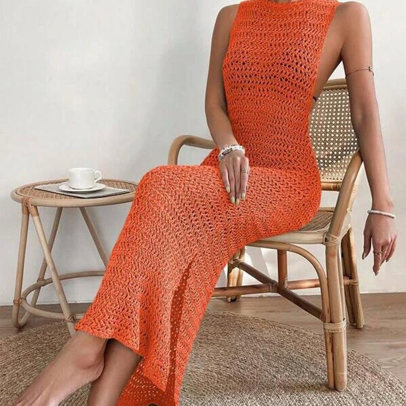 Knitted Hollow Out See Through Sexy Dress Fashion Sleeveless O Neck Summer Beach Dress Women Solid Elegant Casual Dresses Female 869
