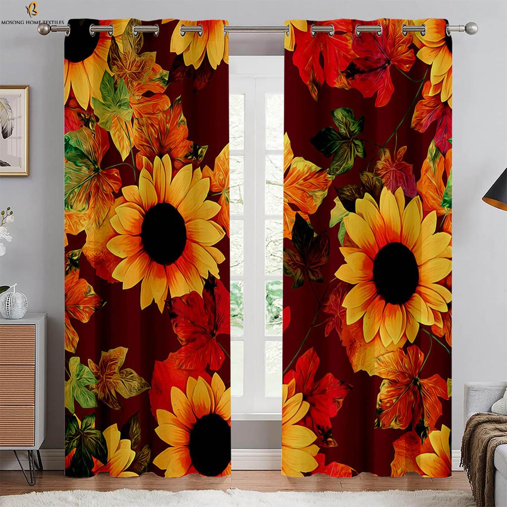 Floral Sunflower Print Curtains Yellow Pastoral Style Curtains Study Bedroom Living Room Decorative Curtains Easy To Wash 2PCS