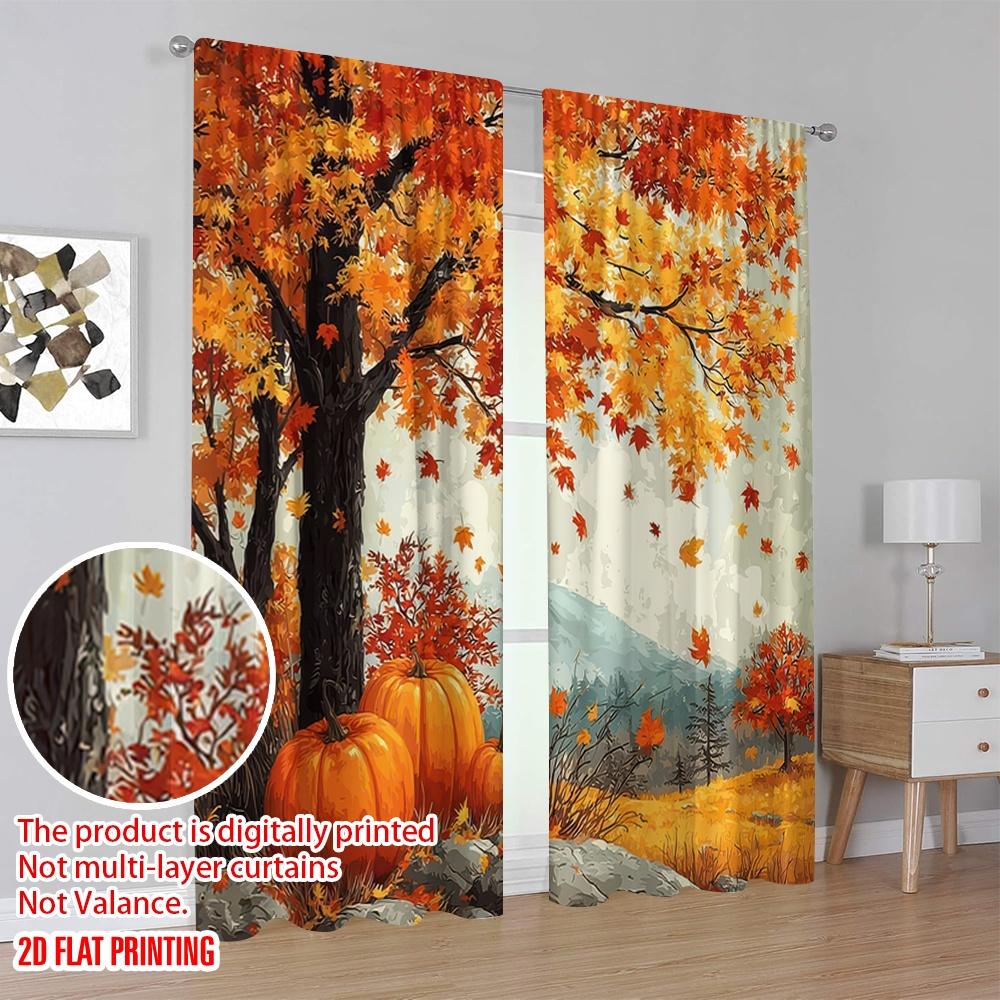 Flat Printing Drapes Autumn Pumpkin Maple Leaf Versatile Durable Polyester Without Electricity Family Party Perfect Curtains Set Of 2 Made