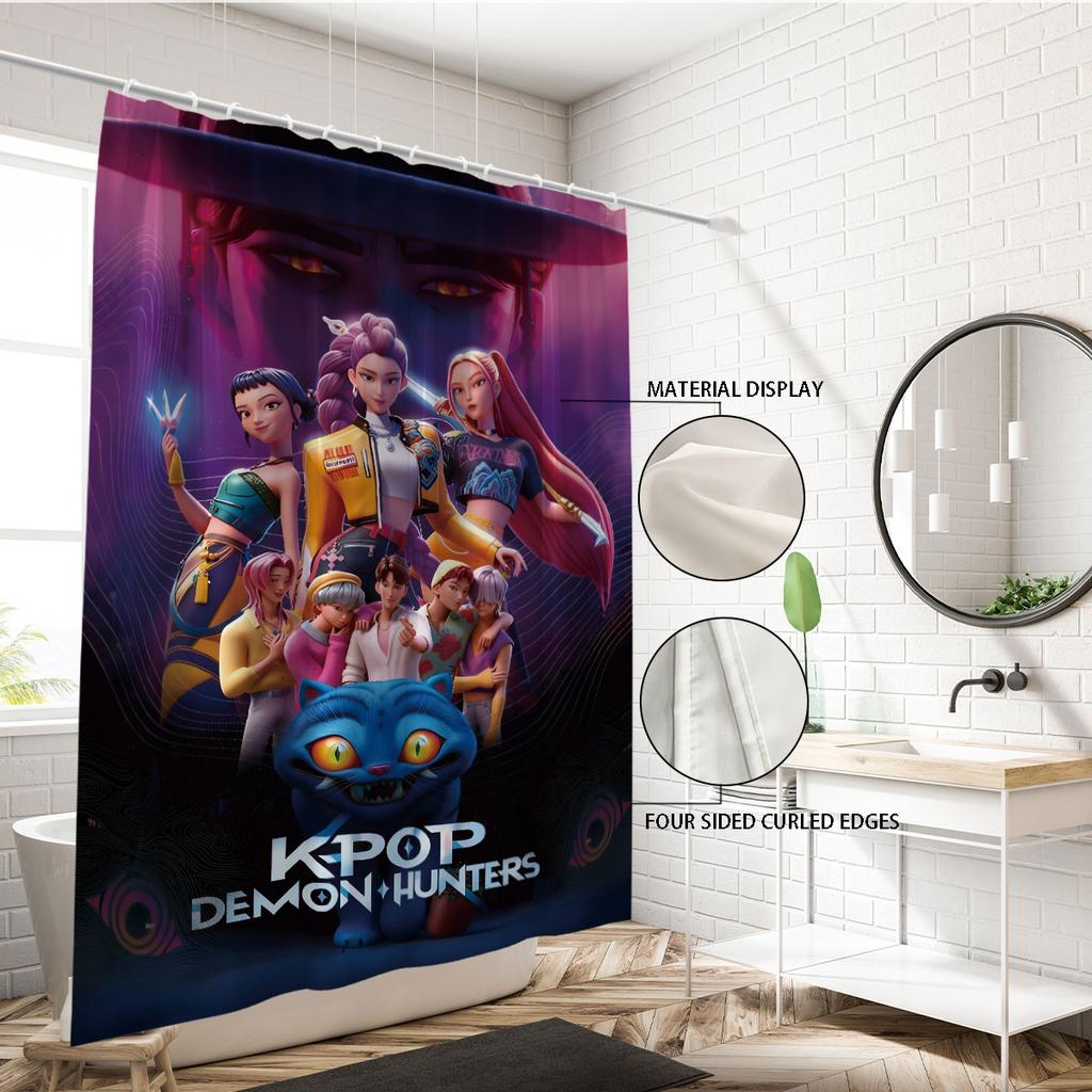 1pc K-Pop Demon Hunters print waterproof shower bathroom partition privacy hanging curtain with 12 hooks easy installation