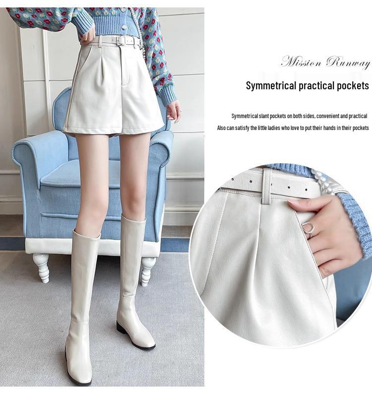 2024 Podzim/Zima Dámské černé šortky z PU kůže s vysokým pasem a zeštíhlujícím efektem