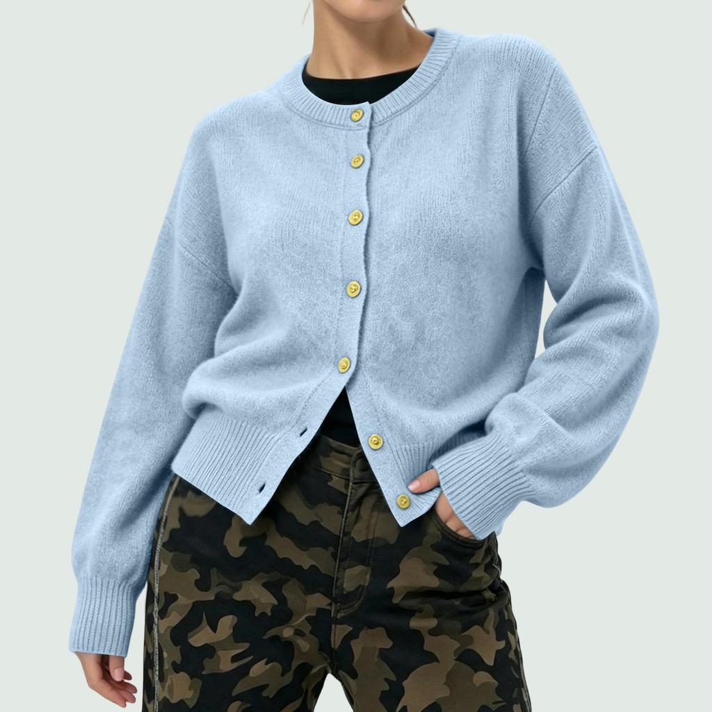 Women's Color Single Breasted Long Sleeve Round Neck Casual Knit Cardigan