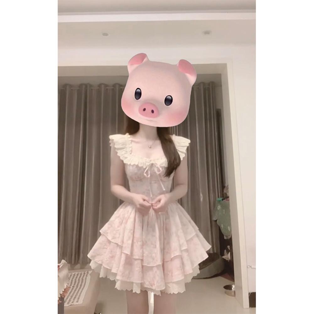 

Корейское розовое платье с цветочным принтом женское летнее красивое пышное короткое платье с рукавами-фонариками милое платье принцессы торт S- (can be worn within 45kg) розовый