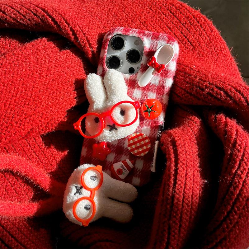 

3D Plaid KT Rabbit Plush iPhone Case for Women - Fits iPhone 17, 16 Pro Max, 15 & 14 17 Pro Max