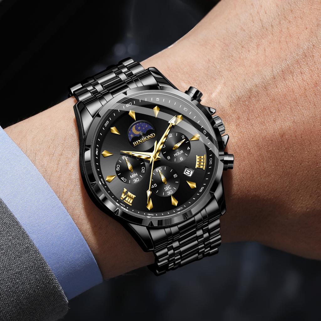 Mens Business Chronograph Watch Stainless Steel Analog Moon‑Phase Wristwatch Waterproof Luminous