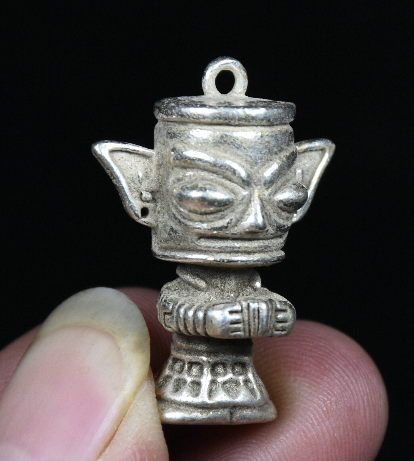 

3.5Cm Old Chinese Miao Silver Feng Shui Stand Sanxingdui People Lucky Pendant CHINA