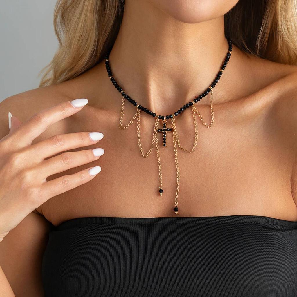 IngeSight.Z Trend Creative Crystal Beaded Chain Choker Necklace Women Exquisite Cross Rhinestone Tassel Pendant Necklace Jewelry