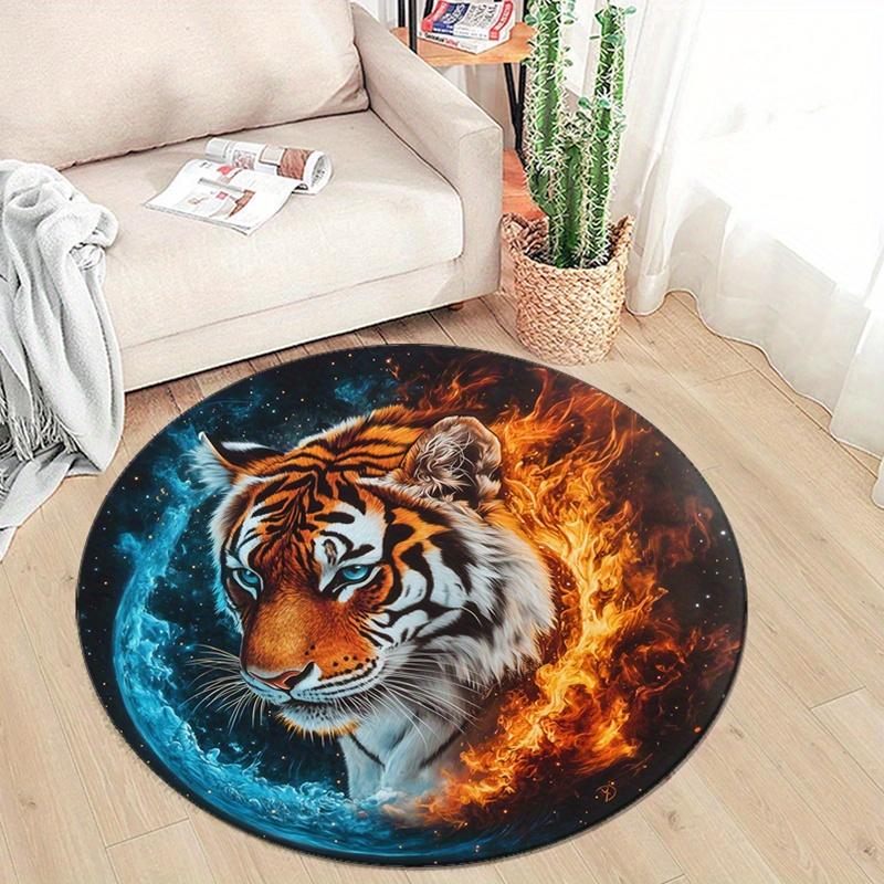 Round Crystal Velvet Rug,, Ice and Fire Fashion Tiger Print, Non-slip Mat, Home Decorative Carpet for Bedroom, Living Room, Office Chair Pad