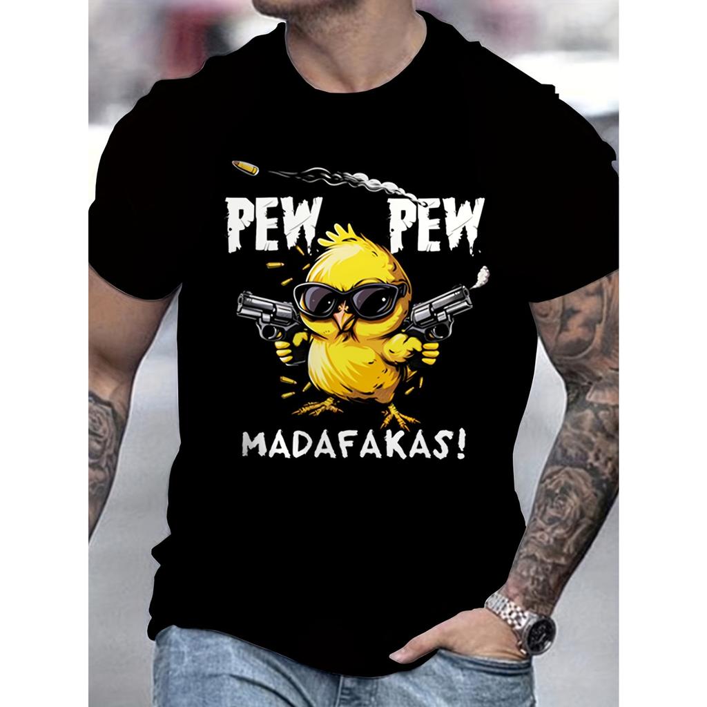 Men Cotton T Shirt Funny Cartoon Chick Print Graphic Casual Summer Short Sleeve Streetwear Top Comfortable Trendy Daily Fashion