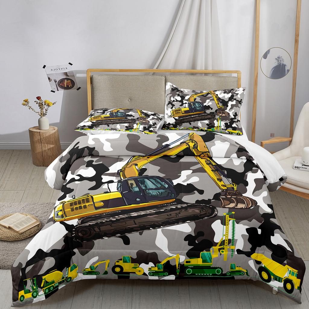 Excavator King Queen Duvet Cover Cartoon Construction Truck Bedding Set for Kids Boys Adults Tractor Polyester Quilt Cover