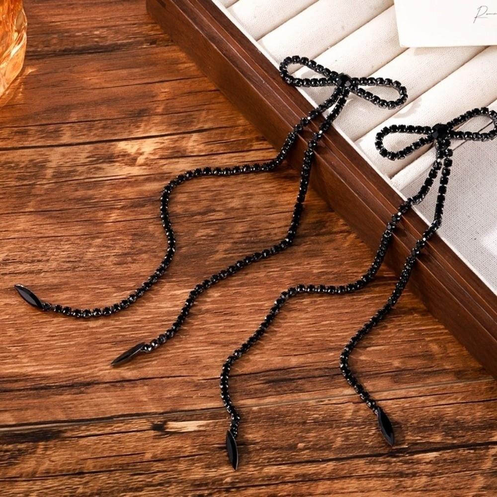 Black Bowknot Pendant Earrings Rhinestone Statement Drop Earrings Long Tassel Earrings Proms