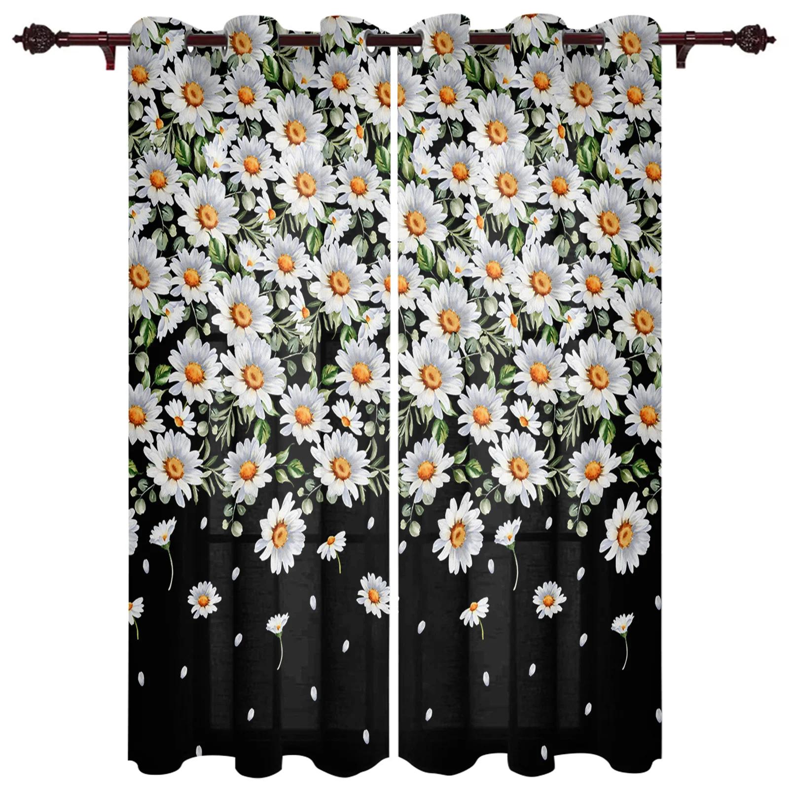 

Спальня Кухня Шторы Белые Маргаритки Цветок Капли Воды Окно Черные Шторы Шторы для Гостиной Декоративные Элементы Cortinas (W70H185cm)-2pcs&Rod Pocket