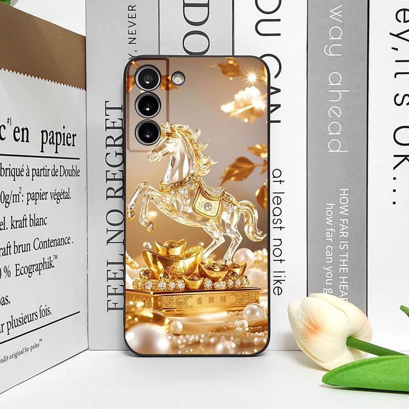 Luxury Crystal Golden Horse Pattern Phone Case for Samsung Galaxy S25 S24+ S23 Ultra S22 Plus S21 FE M53 Shockproof Soft Covers