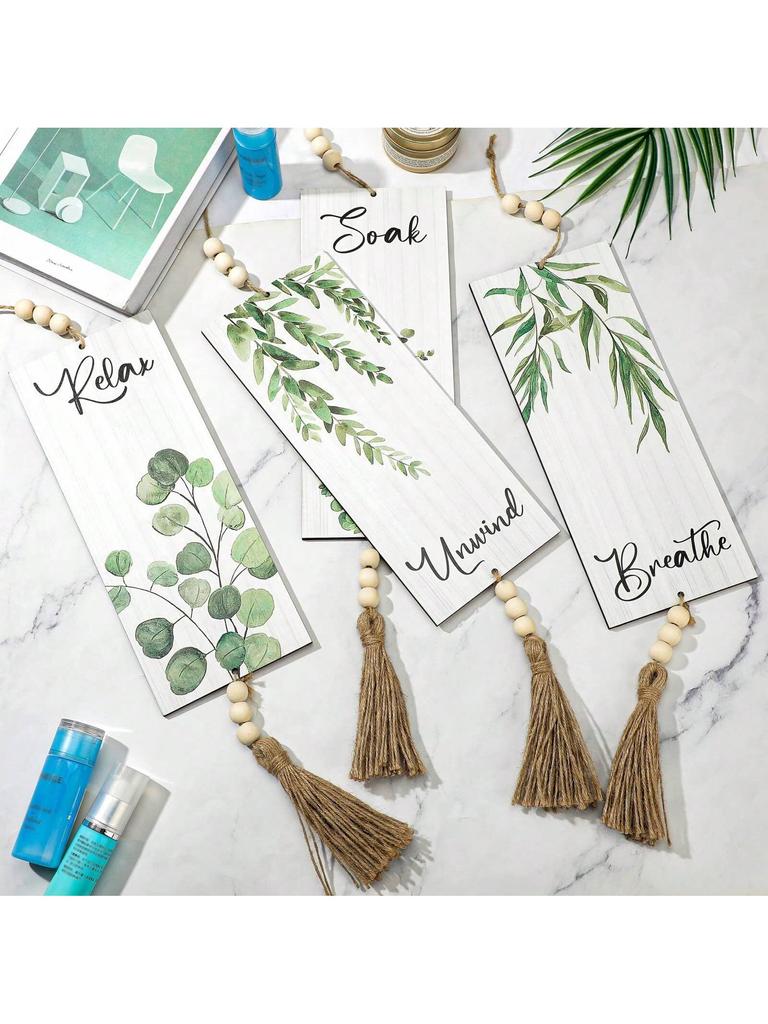 4 Pcs Bathroom Sign With Beads Wooden Hanging Relax Soak Unwind Breathe With Boho Leaf Art Print Minimalist Bathroom Crafts Gift
