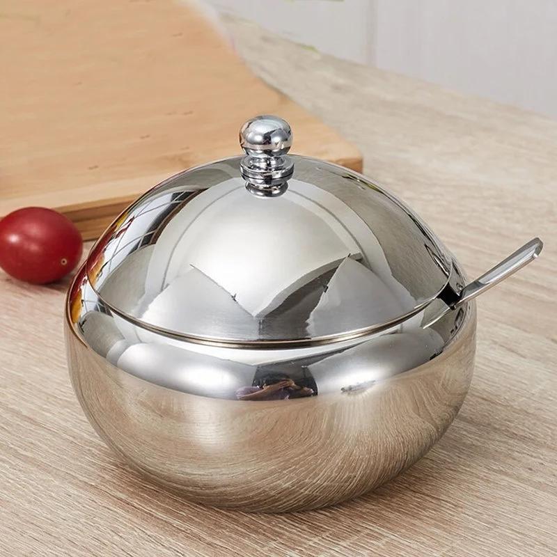 Stainless Steel Seasoning Jar Sugar Cereal Spice Bottle Bowl Drum-Shaped with Spoon Lid Kitchen Storage Pot Home Gadgets