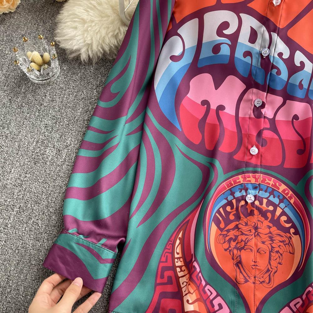 European Station Spring New Fashion Brand Letterhead Print Retro Baroque Style Leisure Vacation Shirt Women's Slim Fit