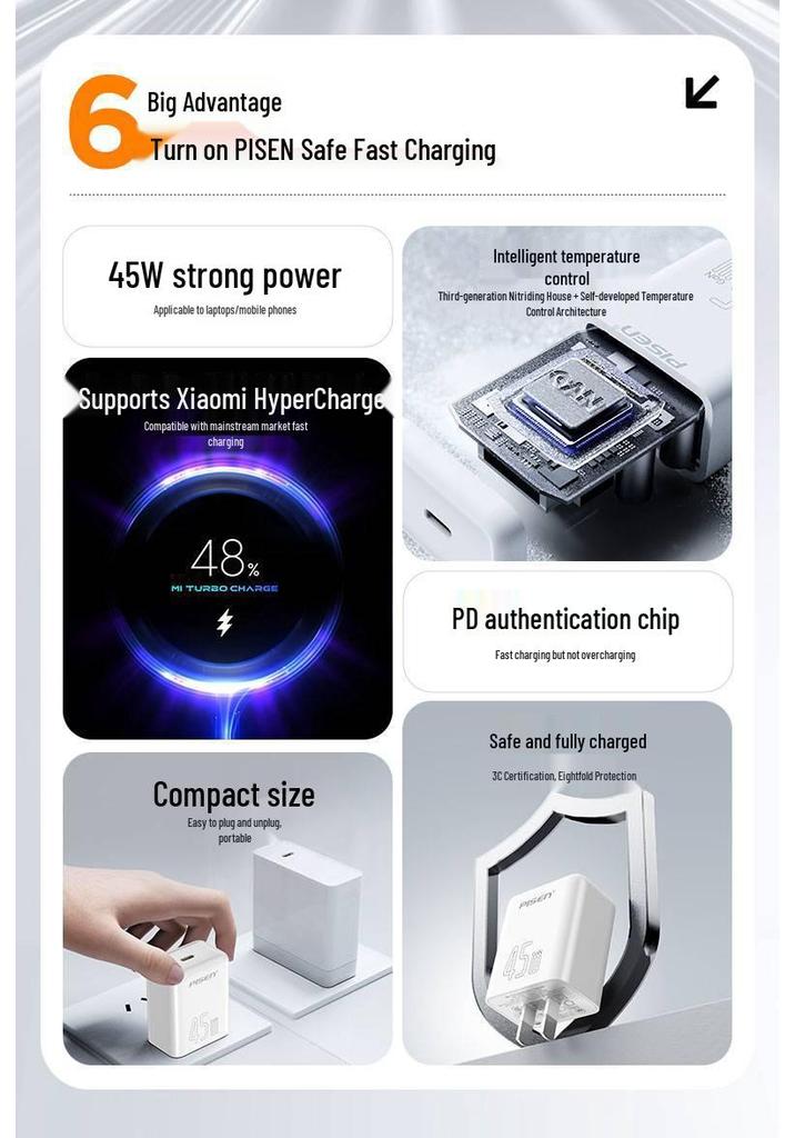 PISEN 45W GaN Charger for Apple & Huawei Devices with USB-C Cable Set