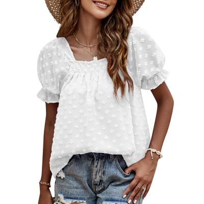 Spring Summer Women Bubble Sleeve Jacquard Double Layer Pleated Sweet Top