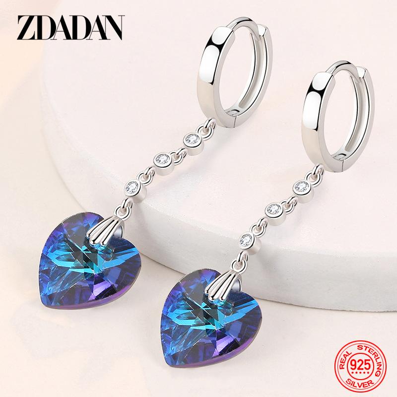 ZDADAN 925 Silver Heart Blue Crystal Earrings For Women Wedding Jewelry Charm Gift