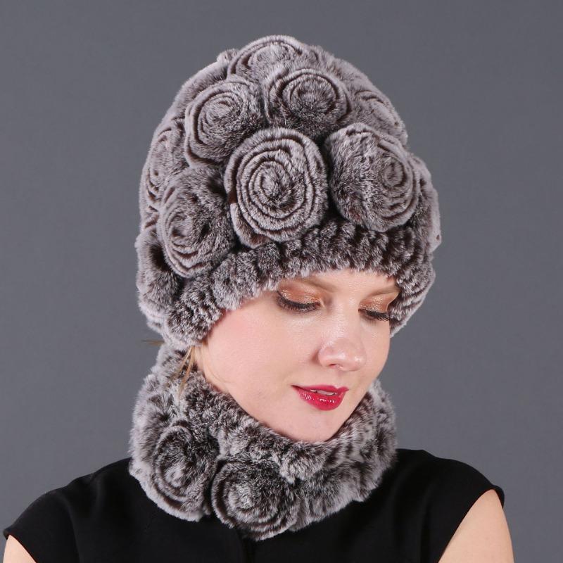 Rex Rabbit Rose Hat and Flower Scarf Set Specializing in the production of Rex Rabbit Scarf Hat Two-piece Adult Hat
