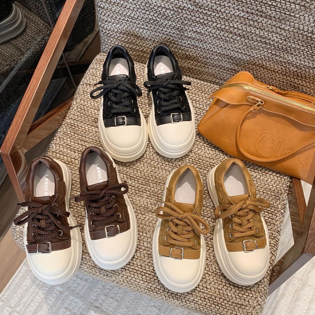 2025 Autumn New Metal Buckle Soft Leather Thick-soled Muffin Small 6cm Height Increase Casual Board Shoes Bread Shoes